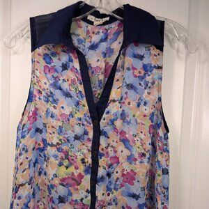 Very J Floral Watercolor Sleeveless Button-Down Blouse